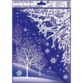 Okenné fólie bez lepidla rohová s glitrami zimná krajina so stromami 42 x 30 cm