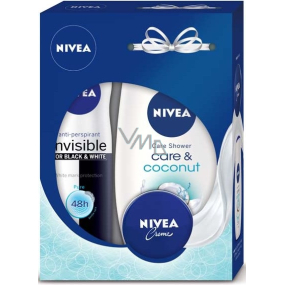 Nivea Care & Coconut sprchový gél 250 ml + Invisible Black & White Pure antiperspirant sprej 150 ml + krém 30 ml, kozmetická sada