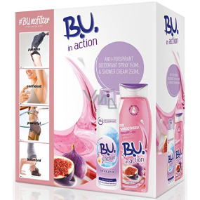 BU In Action Sensitive antiperspirant dezodorant sprej pre ženy 150 ml + In Action Yogurt + Fig sprchový gél 250 ml, kozmetická sada
