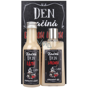 Bohemia Gifts Kofeín a Olivový olej sprchový gél 200 ml + kúpeľová kúpeľ 200 ml + dekoračný obraz Deň začína dobrou kávou .. 13 x 24 cm, kozmetická sada