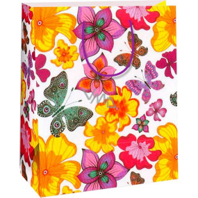 Ditipo Darčeková papierová taška 26,4 x 13,7 x 32,4 cm biela, motýle, kvety