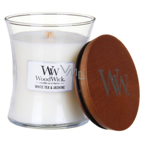 Woodwick White Tea & Jasmine - Biely čaj a Jazmín vonná sviečka s dreveným knôtom a viečkom sklo stredná 275 g