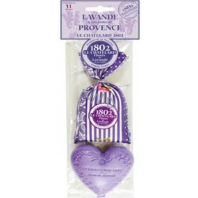 Le Chatelard Levanduľa látkový sáčok plnený vonnú zmesou 18 g + Marsella toaletné mydlo v tvare srdca 100 g, kozmetická sada
