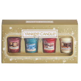 Yankee Candle Zimné zázrak + Perník s polevou + Žiarivá hviezda + Zľadovatený modrý smrek, vonná sviečka votívny 4 x 49 g vianočné darčeková sada