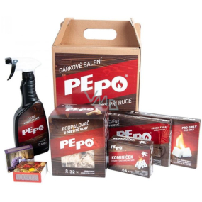 Pe-Po Darčekové balenie 2018 pevný podpaľovač + drevený podpaľovač + podpaľovač z drevitej vlny + zápalky 2 kusy + čistič krbových skiel 500 ml + kominíček 5 x 14 g, darčeková sada