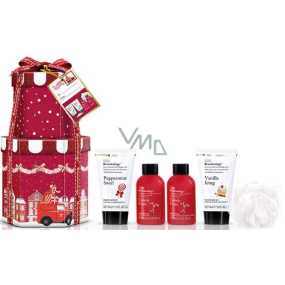 Baylis & Harding Červená kolekcia Sladká tyčinka telové mydlo 100 ml + Sladká tyčinka sprchový gél 100 ml + pepermintový vír telové mlieko 50 ml + Vanilková poleva krém na ruky 50 ml + Sladká tyčinka kryštáliky do kúpeľa 25 g + masážna hubka, kozmetická sada