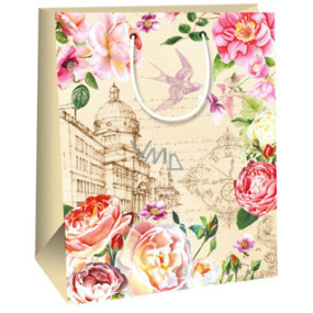 Ditipo Darčeková papierová taška 26,4 x 13,7 x 32,4 cm béžová, farebné kvety