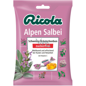 Ricola Salbei - Šalvia švajčiarske bylinné cukríky bez cukru s vitamínom C z 13 bylín, proti zápalu ústnej dutiny, horúčke a chrapotu 75 g