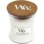 Woodwick White Teak - Biely teak vonná sviečka s dreveným knôtom a viečkom sklo malá 85 g