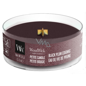 Woodwick Black Plum Cognac - Koňak z čiernych sliviek vonná sviečka s dreveným knôtom petite 31 g