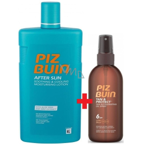 Piz Buin Tan & Protect SPF6 ochranný olej urýchľujúci proces opaľovanie 150 ml sprej + After Sun Soothing & Cooling mlieko po opaľovaní s aloe vera, hydratuje a chladí, redukuje začervenanie spôsobené UV žiarením 400 ml, duopack