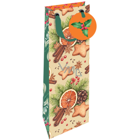 Nekupto Darčeková papierová taška na fľašu luxusné 13 x 33 cm Vianočný pomaranč, škorica, perníčky, šiška Wilh 1981