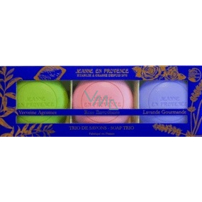 Jeanne en Provence Lavande Levanduľa tuhé toaletné mydlo + Verbena a citrusové plody tuhé toaletné mydlo + Podmanivá ruže tuhé toaletné mydlo 3 x 100 g, kozmetická sada
