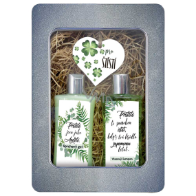 Bohemia Gifts Priateľstvo Konopný sprchový gél 250 ml + šampón na vlasy 250 ml + drevená dekorácia + plechový box, kozmetická sada