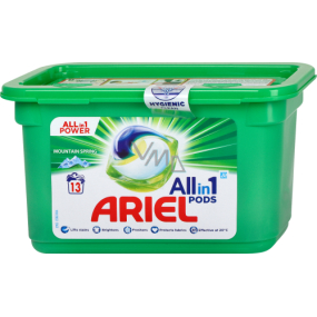 Ariel All in 1 Pods Mountain Spring gélové kapsule na pranie bieleho a svetlého prádla 13 kusov 327,6 g
