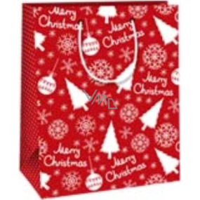 Ditipo Darčeková papierová taška 18 x 10 x 22,7 cm Vianočná červená - biele stromčeky, nápisy, banky