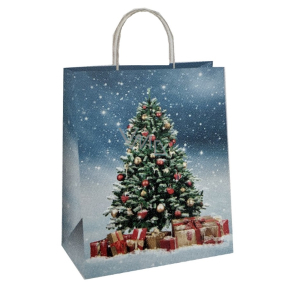Ditipo Darčeková papierová taška 18 x 8 x 24 cm EKO Vianočný modrá - stromček s darčekmi