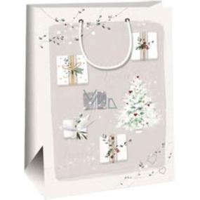 Ditipo Darčeková papierová taška 27 x 12 x 37 cm Kraft Vianočná bielošedá - biele darčeky, stromček