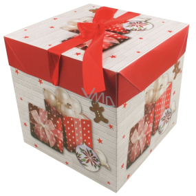 Darčeková krabička skladacia s mašľou Vianočné s darčekmi a perníčky 16,5 x 16,5 x 16,5 cm