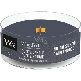 WoodWick Indigo Suede - Modrá semišová vonná sviečka s dreveným knôtom petite 31 g