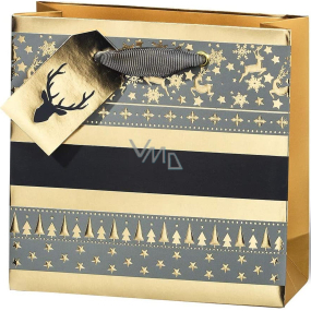 BSB Luxusná papierová darčeková taška 14,5 x 15 x 6 cm Vianočná zlatá so sobmi a stromčekmi VDT 445 - CD