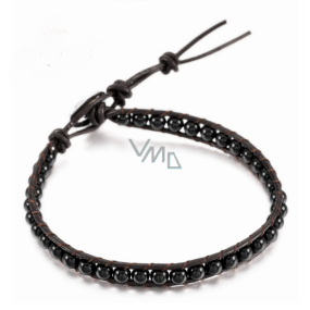 Obsidiánový kožený náramok z prírodného kameňa, ručne vyrobený, zapínanie, guľôčka 4 mm / 17 - 23 cm, záchranný kameň
