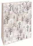 Nekupto Darčeková papierová taška 32,5 x 26 x 13 cm Vianočné stromčeky strieborná