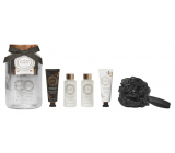 Grace Cole Rose & Geranium telový krém 50 ml + krém na ruky a nechty 50 ml + sprchový gél 100 ml + pena do kúpeľa 100 ml + kúpeľová hubka + sklenená nádoba, kozmetická sada pre ženy
