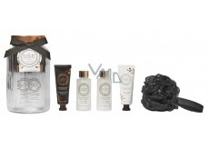 Grace Cole Rose & Geranium telový krém 50 ml + krém na ruky a nechty 50 ml + sprchový gél 100 ml + pena do kúpeľa 100 ml + kúpeľová hubka + sklenená nádoba, kozmetická sada pre ženy