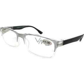 Berkeley Dioptrické okuliare na čítanie +4,0 plastové priehľadné, čierne pruhy 1 kus MC2248