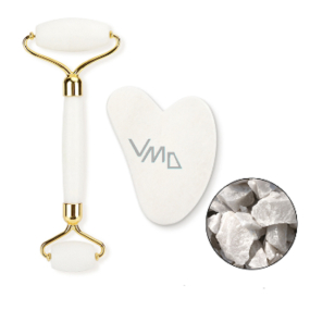 Quartz Gua Sha 5 x 8 cm + masážny valček 14 x 5,5 cm redukuje vrásky, opuchy, zlepšuje elasticitu pokožky, sada bez obalu