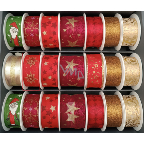 Nekupto Látková vianočná stuha Červená zlatá tmavočervené hviezdy 25 mm x 2,5 m