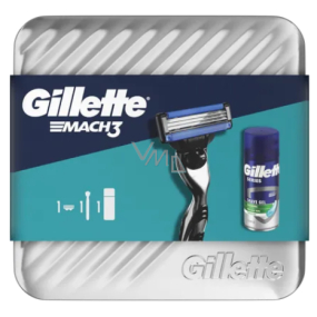 Gillette Mach3 holiaci strojček + upokojujúci gél na holenie Sensitive s aloe vera 75 ml + plechová krabička, kozmetická súprava pre mužov