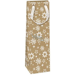 Ditipo Darčekové kraftové vrecko na fľašu 12,3 x 7,8 x 36,2 cm Vianočné prírodné, biele snehové vločky a hviezdy