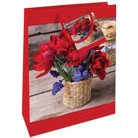 Nekupto Papierová darčeková taška 32,5 x 26 x 13 cm Tulipány v košíku