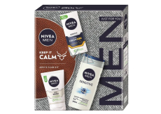 Nivea Men Keep it Calm Sensitive SPF15 pleťový krém 75 ml + Nivea Men Sensitive čistiaci gél 100 ml + Nivea Men Sensitive Bamboo Extract sprchový gél 250 ml, kozmetická sada pre mužov