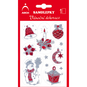 Arch Holografické dekoračné samolepky vianočný s glitrami 706-SG červeno-strieborné 8,5 x 12,5 cm