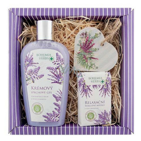 Bohemia Gifts Lavender krémový sprchový gél 250 ml + mydlo 100 g + drevené srdce rôzne motívy, kozmetická sada