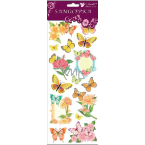 Samolepky motýle a kvety s glitrami žltí 34,5 x 12,5 cm