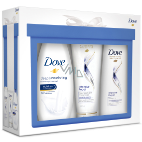 Dove Nourishing Deeply sprchový gél 250 ml + Intensive Repair šampón 250 ml + kondicionér 180 ml, kozmetická sada