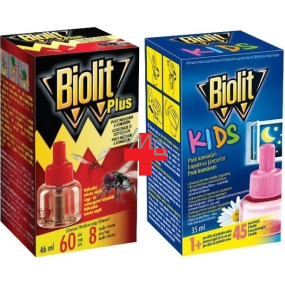 Biolit Plus Odparovač tekutá náhradná náplň 60 nocí proti muchám a komárom 46 ml + Biolit Kids Elektrický odparovač proti komárom 45 nocí náhradná náplň 35 ml