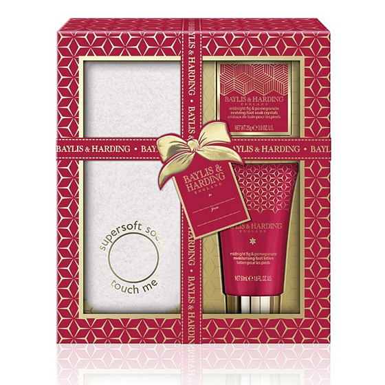 Baylis & Harding Fík a Granátové jablko mlieko na nohy s vitamínmi A, B, C 50 ml + kryštáliky pre kúpeľ nôh 25 g + supermäkké ponožky, kozmetická sada