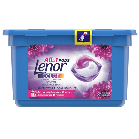 Lenor Color All in1 Pods Amethyst & Floral Bouquet vôňa pivoniek a planých ruží gélové kapsule na pranie farebnej bielizne 13 kusov