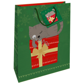 Nekupto Darčeková papierová taška 32,5 x 26 x 13 cm Vianočná zelená s mačkou WBL 1954 50
