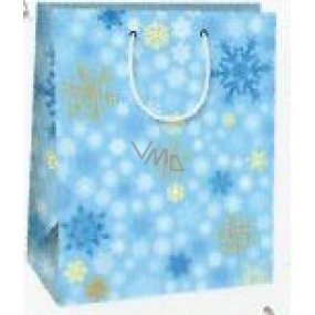 Ditipo Darčeková papierová taška 26,4 x 13,6 x 32,7 cm Vianočná svetlo modrá - vločky modrej, bielej, zlatej