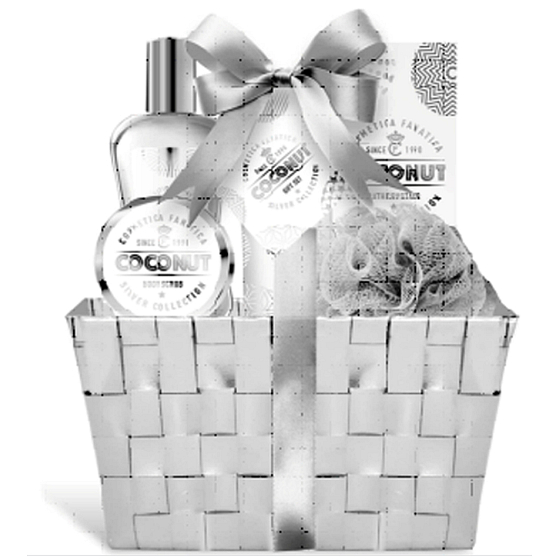 Cosmetica Fanatica Kokosové telové mlieko 95 ml + sprchový gél 190 ml + telový peeling 50 ml + soľ do kúpeľa 50 g + podložka do kúpeľa + košík, kozmetická súprava