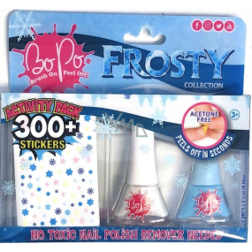 Bo-Po Frosty lak na nechty peel-off biely 2,5 ml + lak na nechty peel-off svetlomodrý 2,5 ml + nálepky na nechty, kozmetická sada pre deti