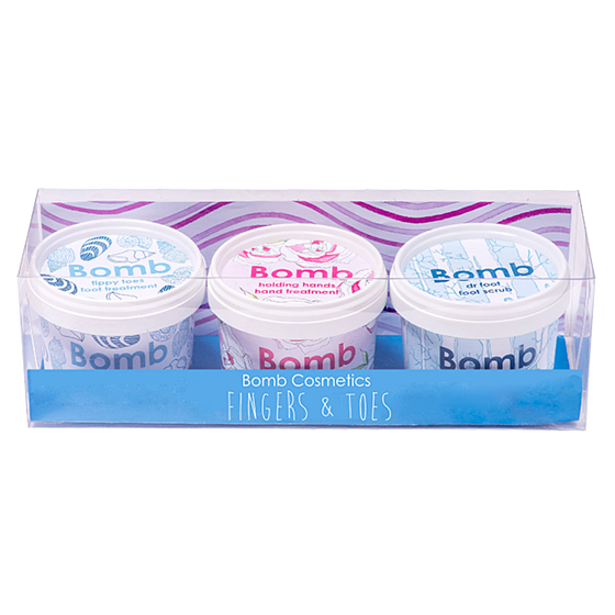 Bomb Cosmetics Starostlivosť o ruky a nohy - Fingers & Toes osviežujúci peeling 110 ml + krém na nohy 110 ml + krém na ruky 110 ml, kozmetická sada