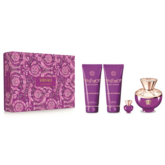 Versace Dylan Purple parfumovaná voda 100 ml + telové mlieko 100 ml + sprchový gél 100 ml + parfumovaná voda miniatúra 5 ml, darčeková sada pre ženy