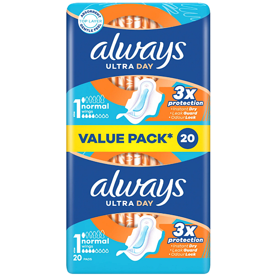 Always Ultra Day Normal hygienické vložky s křidélky, balení duo 20 kusů, balení značky Always